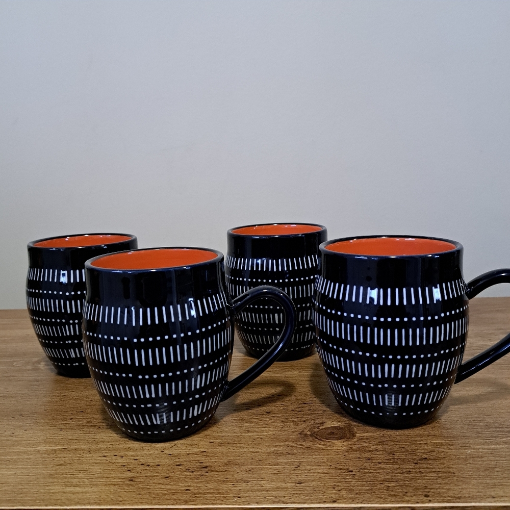 Baum Tangier Mugs Set Of 4 Navy Blue Orange White Ceramic Barrel Mug Set